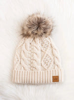 Beige Cable Knit Hat with Natural Pom