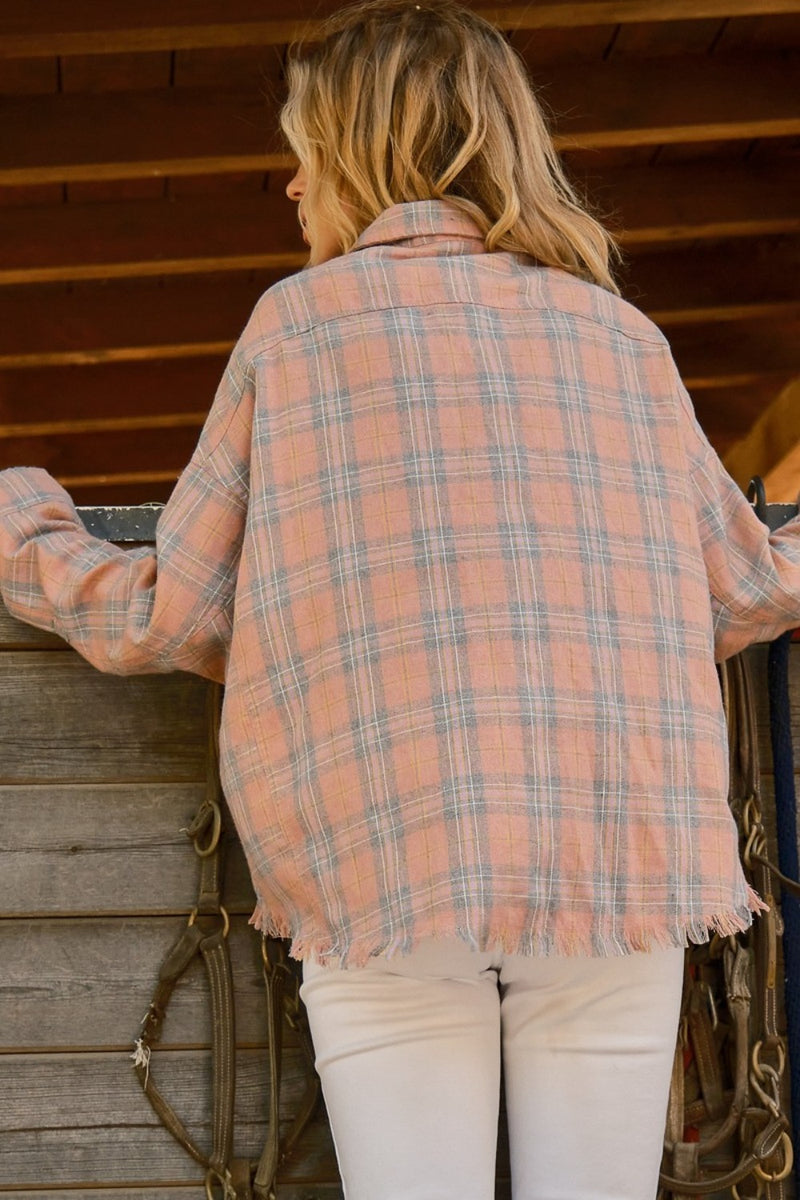 Pink Plaid Button Up Raw Hem Shirt (Online Exclusive)