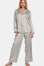 Silver Satin Long Sleeve Shirt and Pants Pajama Set (Online Exclusive)