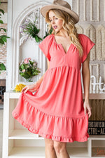 Coral Ruffled Notched Cap Sleeve Dress (Online Exclusive)