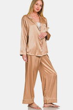 Blush Satin Long Sleeve Shirt and Pants Pajama Set (Online Exclusive)