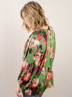 Kelly Green Print V-Neck Satin Blouse