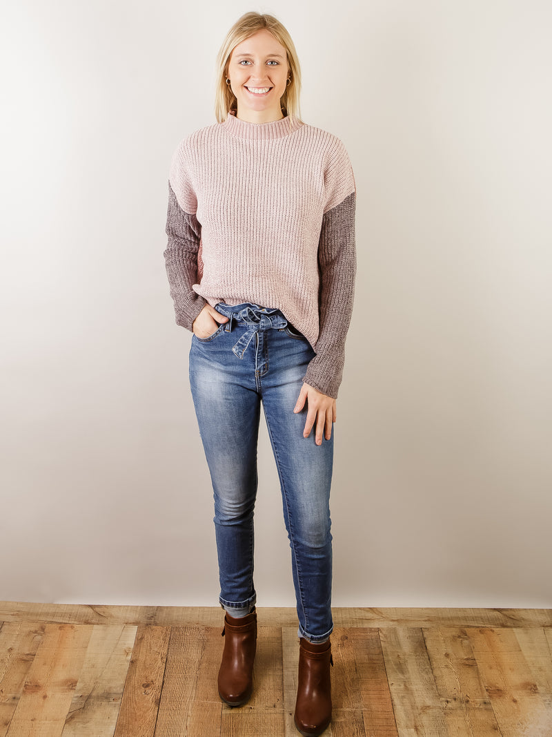 Rose and Grey Mock Neck Sweater