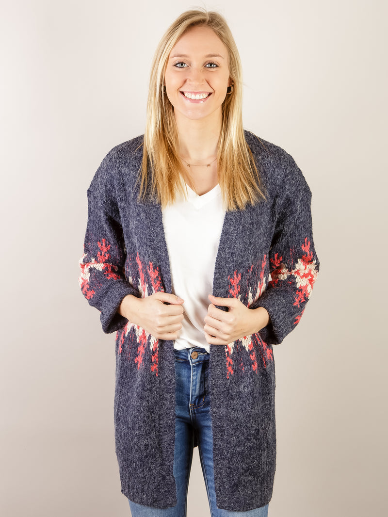 Navy and Coral Cardigan with Aztec Print