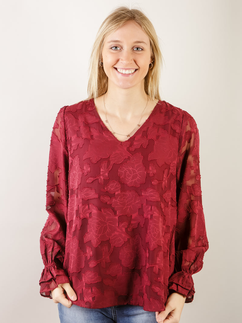 Burgundy Solid Floral V-Neck Blouse