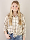 Beige Plaid Lightweight Button Up with Self-Tie