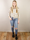 Beige Plaid Lightweight Button Up with Self-Tie