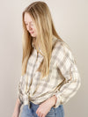 Beige Plaid Lightweight Button Up with Self-Tie
