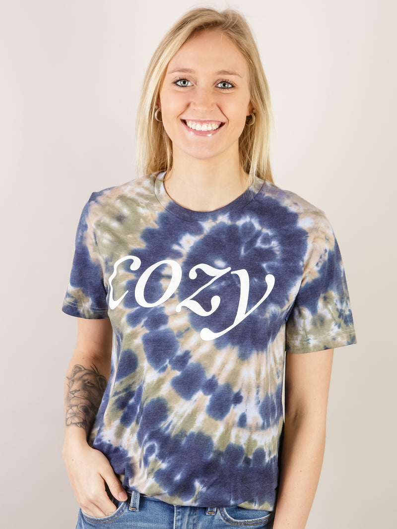 Cozy Olive and Navy Tie-Dye Graphic Tee