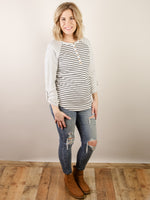Off-White and Black Striped Henley Top
