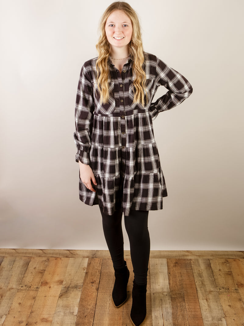 Black and White Plaid Tiered Dress