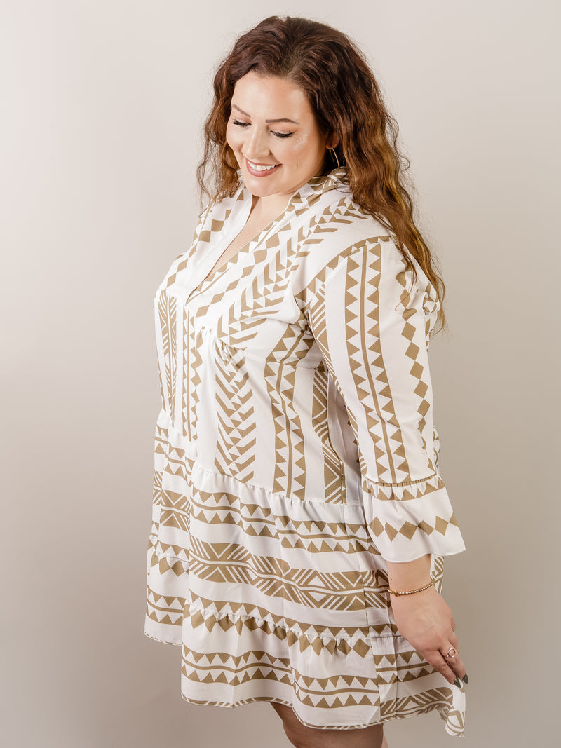 Curvy White and Tan Print 3/4 Sleeve Sundress
