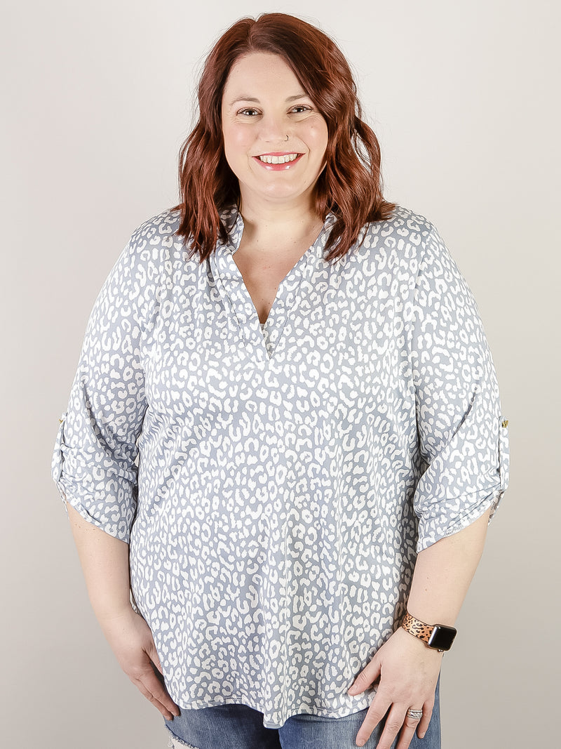 Curvy Light Blue Animal Print 3/4 Sleeve Top