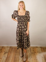 Black and Tan Smocked Floral Midi Dress