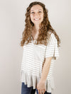 Ivory and Grey Striped Vneck with Ruffle Bottom