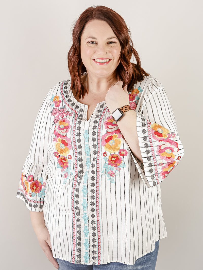 Curvy Ivory Striped Embroidered 3/4 Sleeve Blouse
