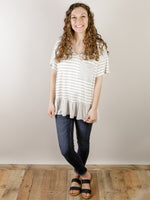 Ivory and Grey Striped Vneck with Ruffle Bottom
