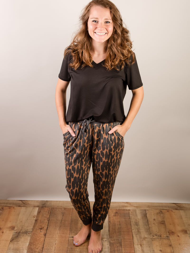 Charcoal and Mocha Soft Leopard Knit Joggers
