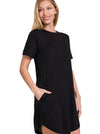 Rolled Short Sleeve Round Neck Dress (Online Exclusive)