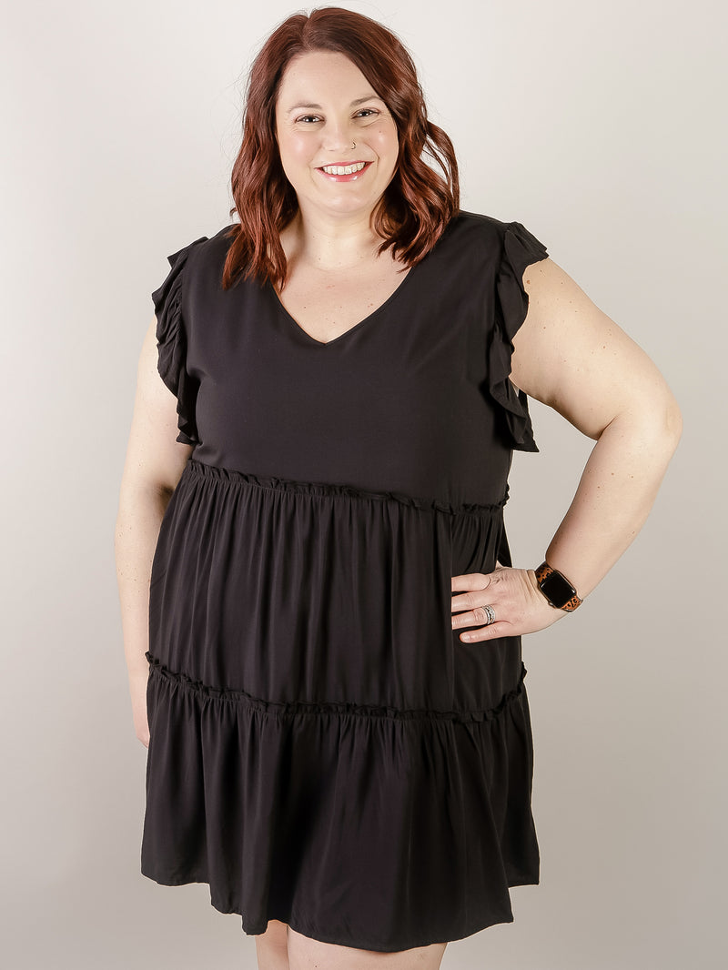 Curvy Black Woven Ruffled Tiered Mini Dress