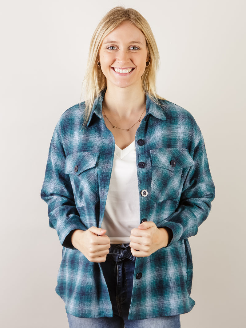 Turquoise Plaid Long Sleeve Button Up