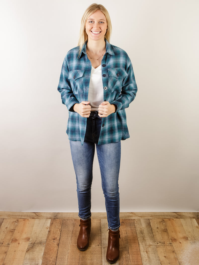 Turquoise Plaid Long Sleeve Button Up