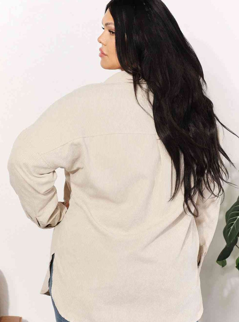 Oversized Corduroy  Button Down Tunic Shirt with Bust Pocket (Online Exclusive)