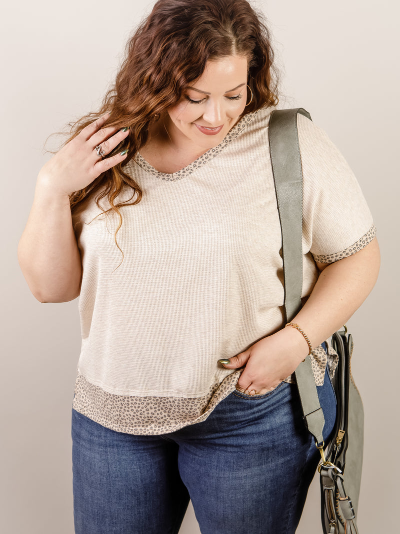 Oatmeal V-Neck Knit with Leopard Trim