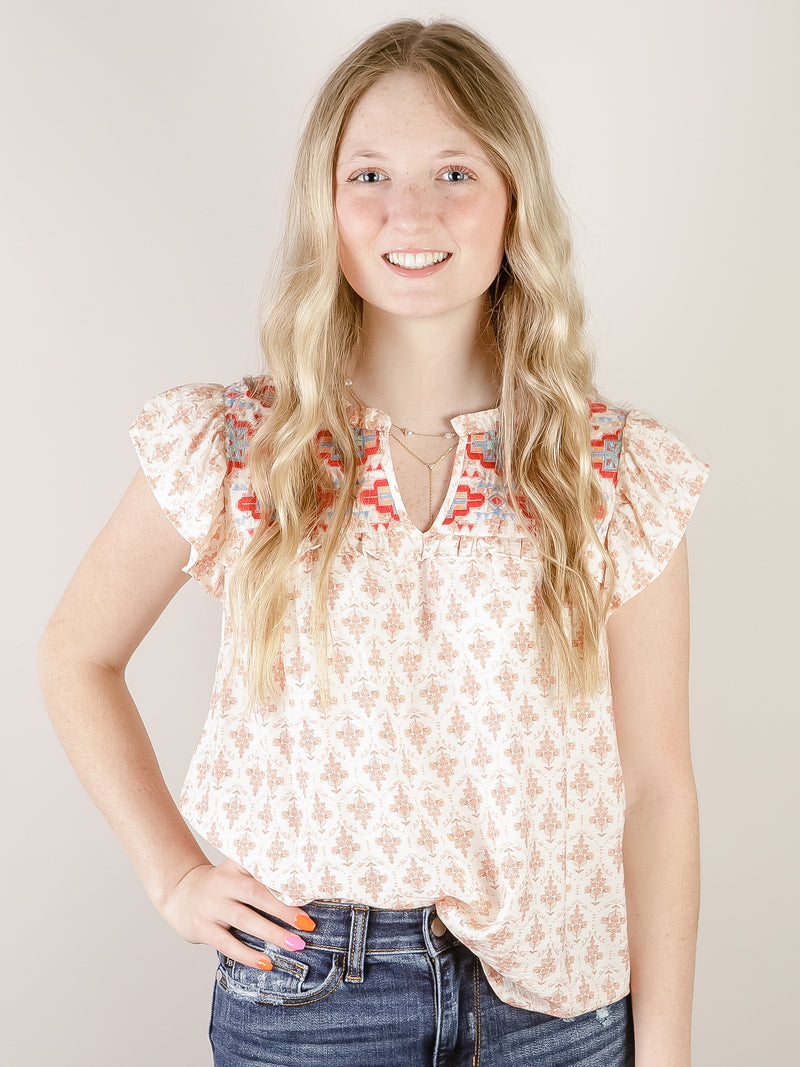 Sienna Geometric Print Embroidered Top
