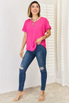 Hot Pink V-Neck Rolled Short Sleeve T-Shirt (Online Exclusive)