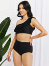 Marina West Swim Seaside Romance Ruffle One-Shoulder Bikini in Black (Online Exclusive)
