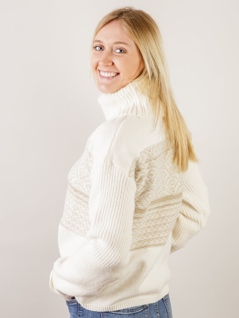 Ivory Turtleneck with Taupe Print Sweater