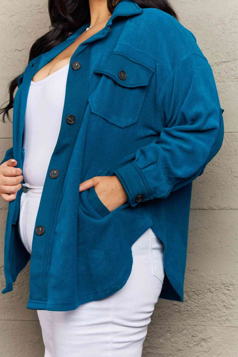 Cozy in the Cabin Fleece Elbow Patch Shacket in Teal (Online Exclusive)