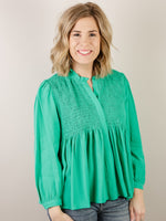 Kelly Green Blouse with Ruffled Trim Neckline