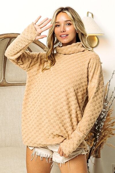 Taupe Checkered Round Neck Thumbhole Long Sleeve Top (Online Exclusive)