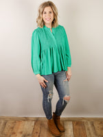 Kelly Green Blouse with Ruffled Trim Neckline