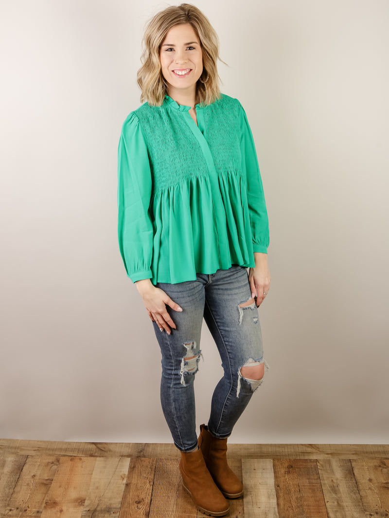 Kelly Green Blouse with Ruffled Trim Neckline