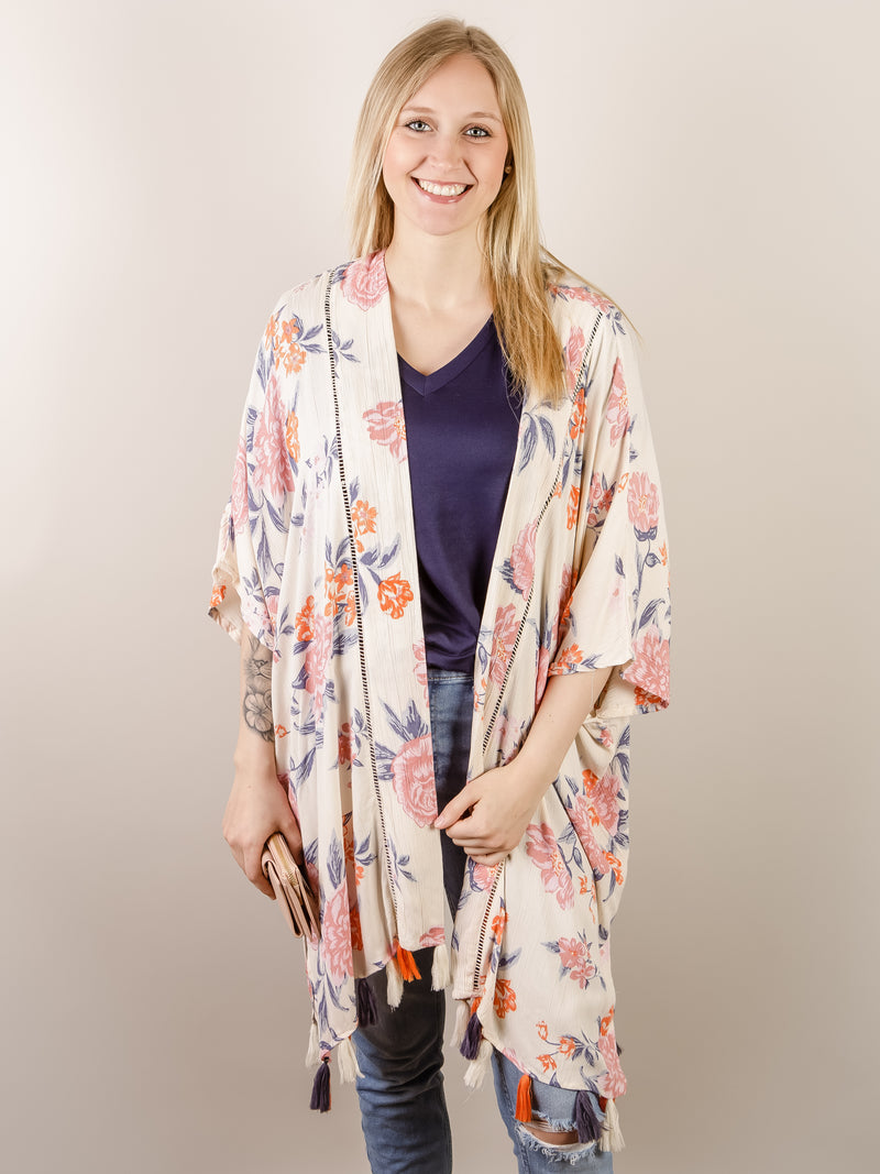 Printed Floral Fringe Cardigan