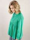 Kelly Green Blouse with Ruffled Trim Neckline