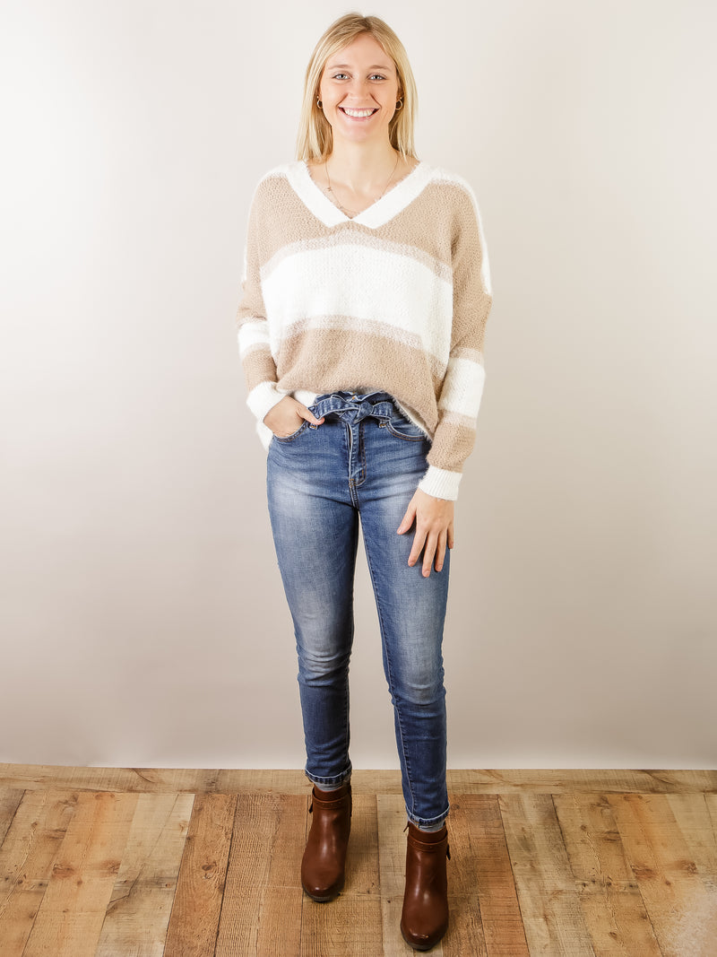Ivory and Taupe Vneck Sweater