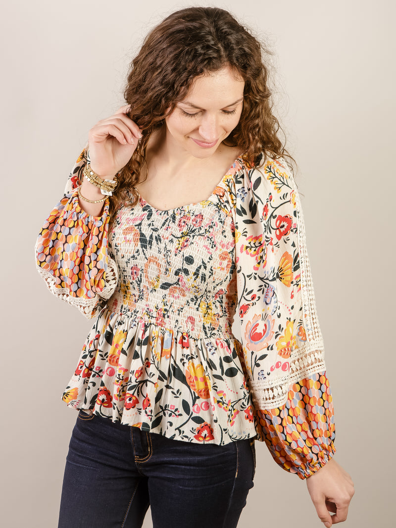 Print Blouse with Sweatheart Neckline and Crochet Detail