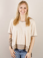 Oatmeal V-Neck Knit with Leopard Trim