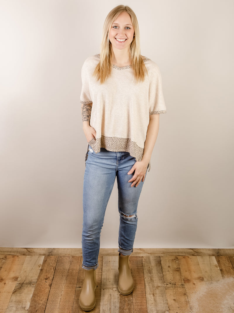 Oatmeal V-Neck Knit with Leopard Trim