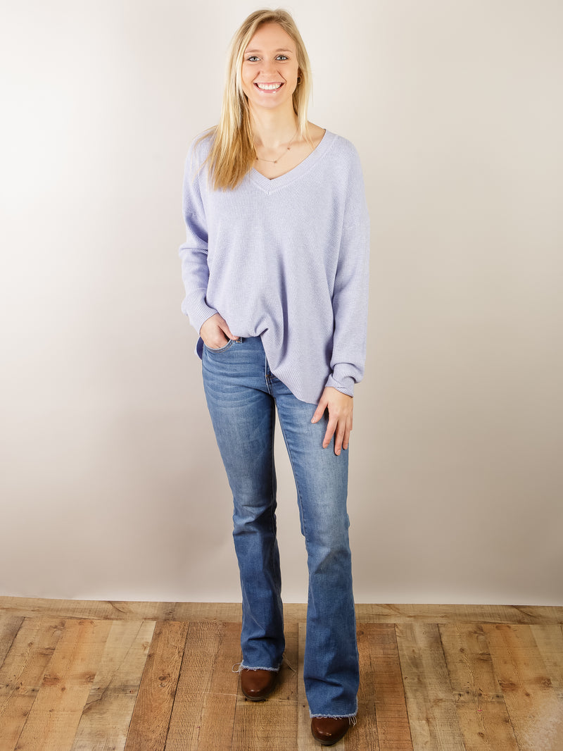 Waffle V-Neck Sweater with Side Slit (Multiple Colors)