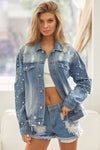 Pearl Detail Distressed Button Up Denim Jacket (Online Exclusive)