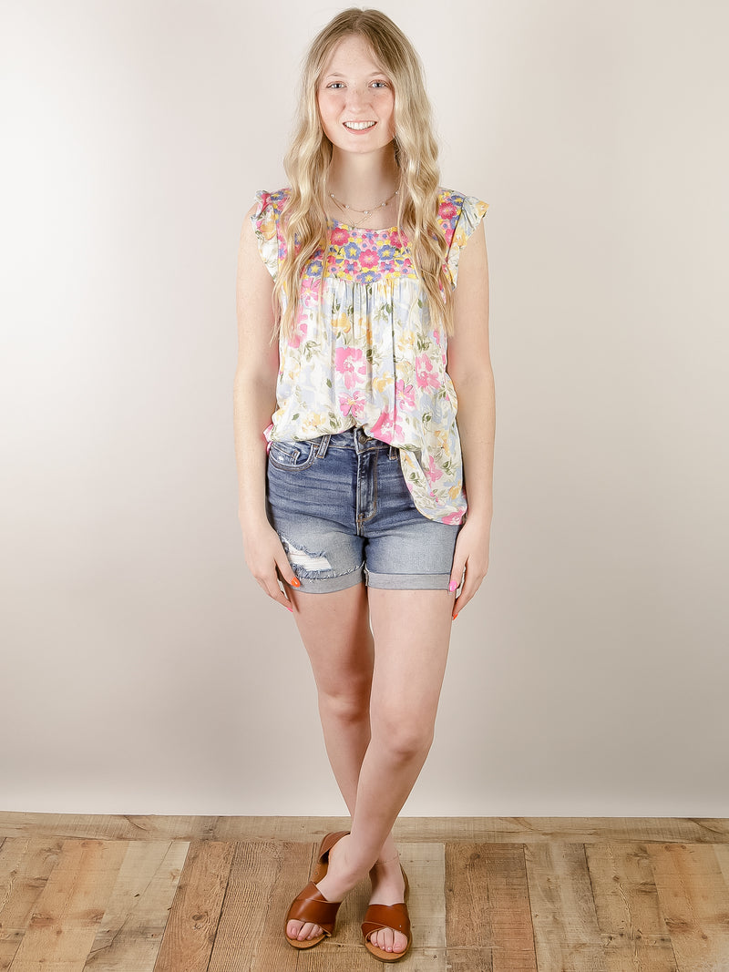 Embroidered Pink and Blue Floral Blouse