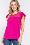 Magenta Ruffle Short Sleeve Lace Detail Knit Top (Online Exclusive)