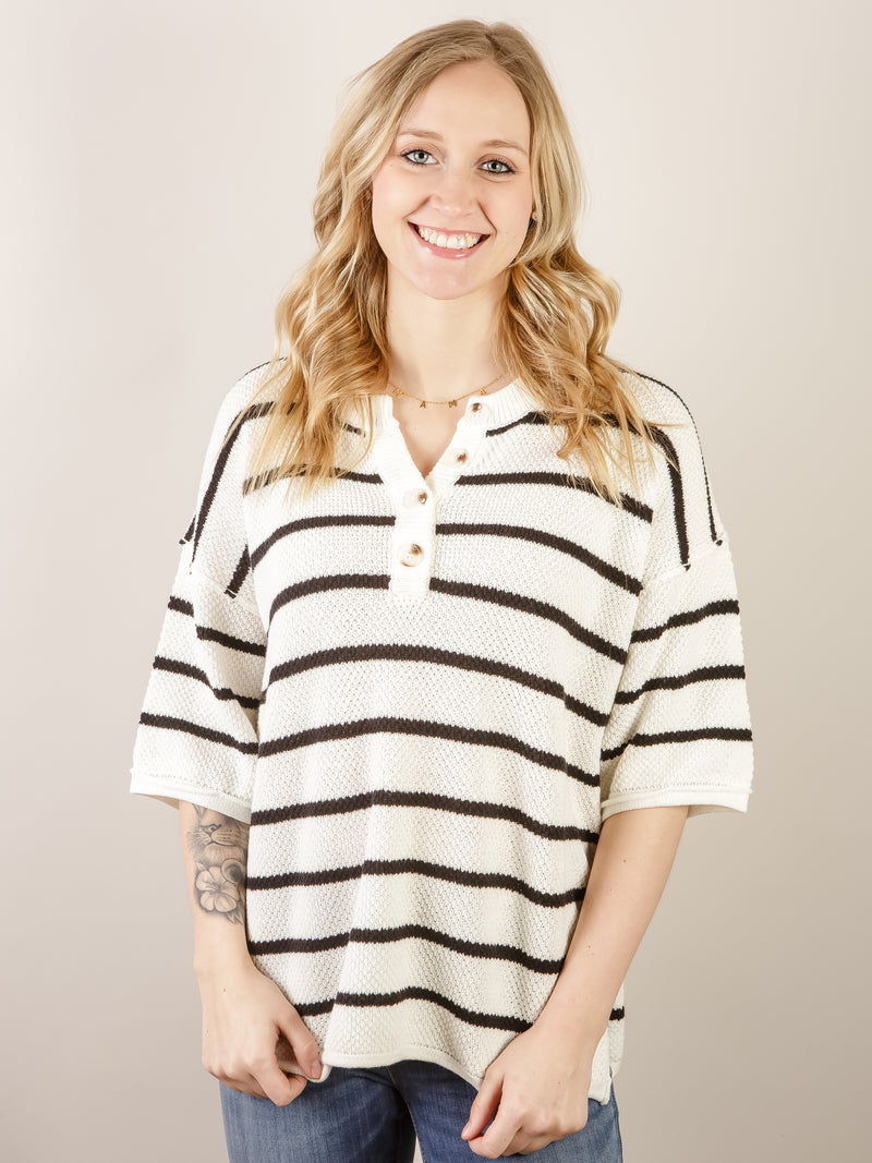 White Striped Short Sleeve Sweater