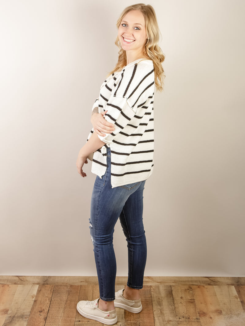 White Striped Short Sleeve Sweater