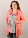 Curvy Coral Lightweight Knit Long Sleeve Cardigan